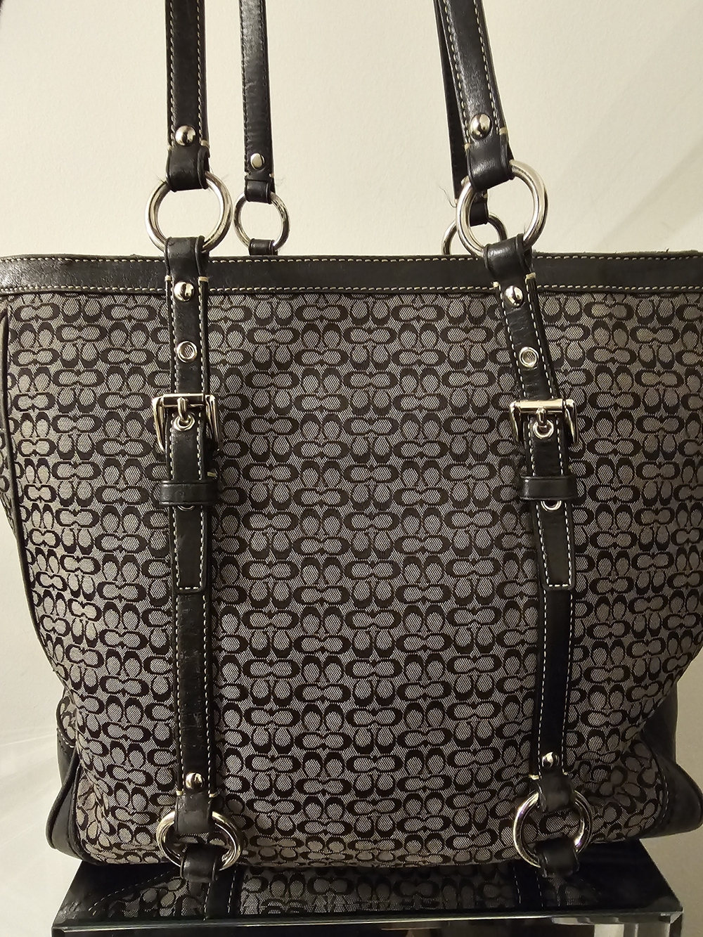 Coach Black Signature Pattern Tote with Dark Trim